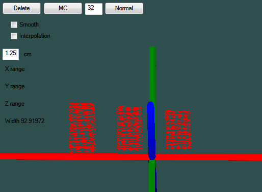 Point clouds of the three cardboard markers with the centre-of-rotation pin between them.
